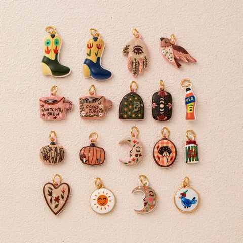Vintage Koperen Emaille Hanger Ketting Voor Vrouwen Handgetekende Illustratiestijl Cowboylaars Maan Pompoen Vogel Hamsa Hand Sieraden