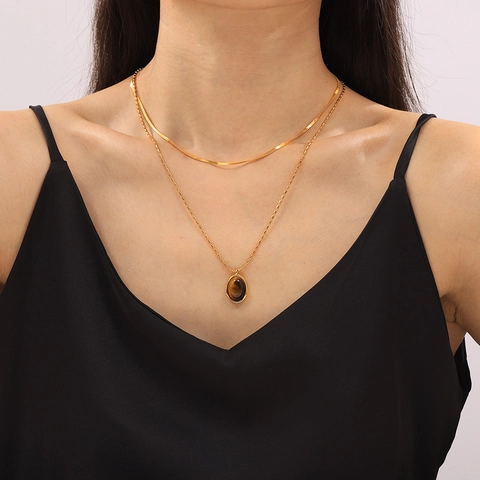 French Vintage 18K Gold Plated Titanium Steel Tiger Eye Pendant Necklace For Women Elegant Oval Geometric Double Layer Jewelry