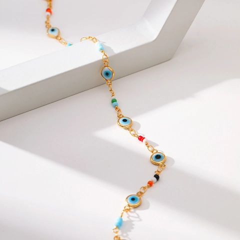 Bracelet de Cheville Bohémien Oeil du Diable pour Femme Cuivre Plaqué Or 18K Perles Multicolores Bijoux de Plage Été Réglable