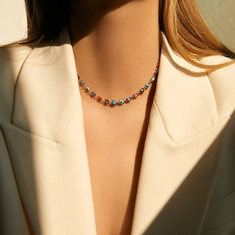 Exotische Böser Blick Halskette Kupfer Emaille Mehrfarbig Türkisch Nazar Schutz Schlüsselbeinkette Schmuck Für Damen Retro Ethno-Stil