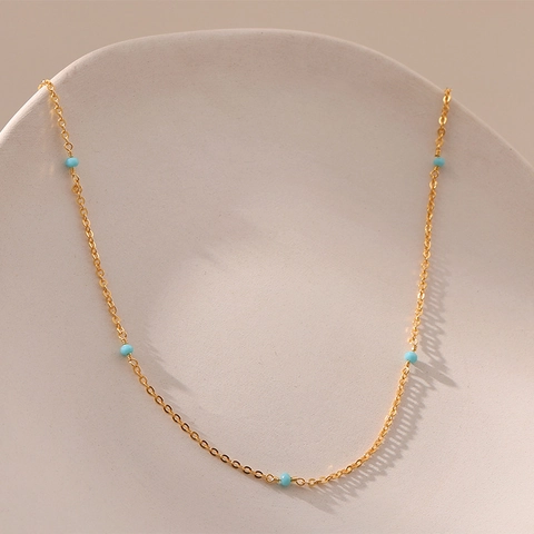 Minimalistische 18K Vergulde Koperen Kralenketting Voor Dames Franse Stijl Turkoois Opaal Steen Choker Sleutelbeinketting Sieraden