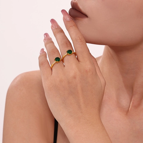 Luxury Stainless Steel Adjustable Open Ring For Women PVD Gold Plated Round Emerald Green Ruby Zirconia Finger Ring Jewelry