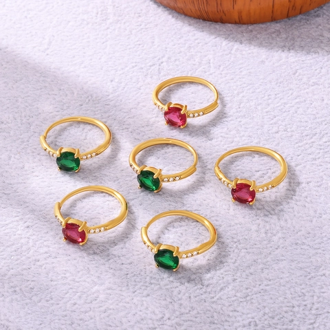 Luxury Stainless Steel Adjustable Open Ring For Women PVD Gold Plated Round Emerald Green Ruby Zirconia Finger Ring Jewelry