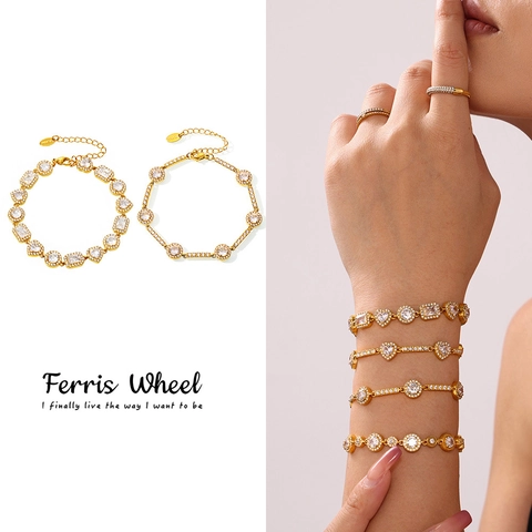 Luxe Roestvrij Stalen Zirkonia Schakelarmband Voor Dames PVD 18K Verguld Hart Geometrisch Klavertje Vier Mode Sieraden
