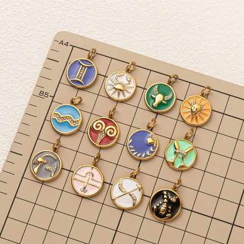 Stainless Steel 18K Gold Plated Enamel 12 Zodiac Sign Pendant Necklace For Women Rhinestone Round Astrological Jewelry