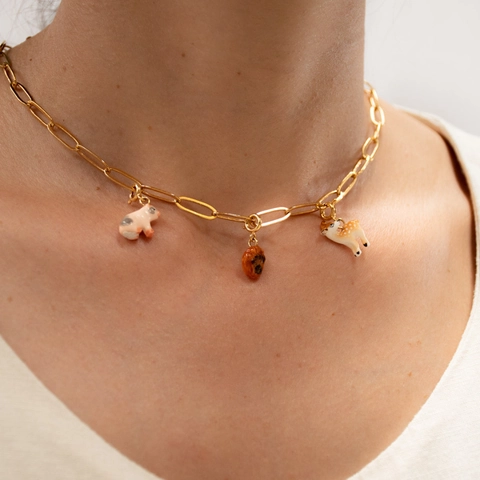 Artistic Stainless Steel Animal Pendant Necklace 18K Gold Plated Ceramic Look Owl Bear Penguin Fashion Jewelry For Women