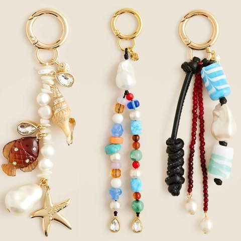 Retro Alloy Bag Charm Keychain With Artificial Pearl Starfish Heart Pendant Fish Shell Marine Style Accessories For Women