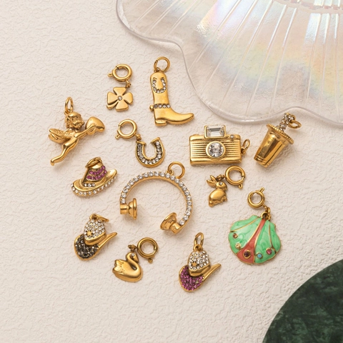 18K Gold Plated Stainless Steel DIY Charms Zirconia Clover Western Cowboy Hat Boot Pendant Accessory For Necklace Bracelet