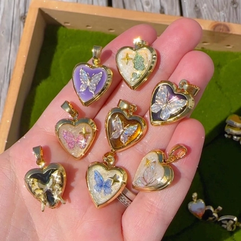 Vintage Koper Emaille Vlinder Hart Medaillon Hanger Voor Vrouwen Zoete Retro Hartvorm Fotolijst Ketting Charms DIY Sieraden