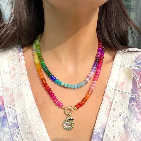 Rainbow Beaded Stainless Steel Necklace For Women ins Style Dopamine Colorful Gradient Artificial Stone Bead DIY Pendant Necklace Jewelry