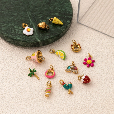 Stainless Steel Rainbow Candy Pendant For Jewelry Making DIY Enamel Rhinestone Donut Food Charms For Necklace Bracelet Gift