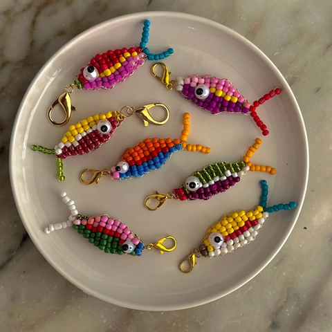 Handmade Colorful Beaded Fish Pendant Keychain Stainless Steel Dopamine Style Bag Hanging Accessory Charm Jewelry For Women
