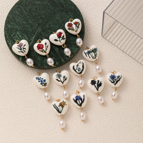 18K Gold Plated Copper Heart Ceramic Pendant Birth Flower DIY Jewelry Charm With Faux Artificial Pearl For Women Necklace Making