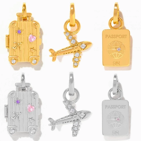 Stainless Steel Travel Charms Airplane Suitcase Passport Pendants Gold Silver Rhinestone DIY Jewelry Necklace Accessories For Women