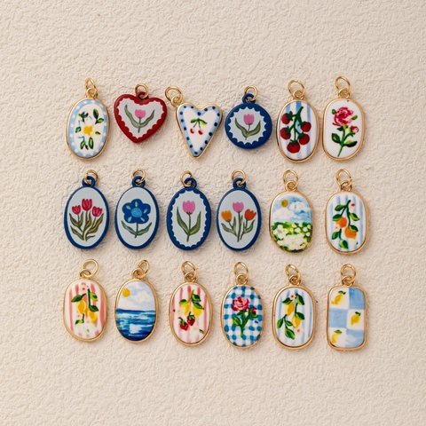 Fashion Copper Gold Plated DIY Jewelry Charms Pendants With Ceramic-Look PVC Floral Mushroom Fruit Pattern For Women Retro Necklace Accessories