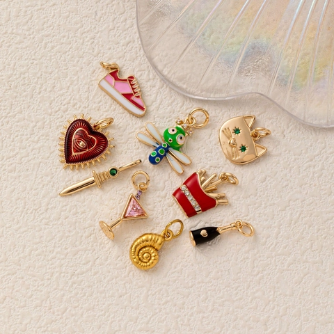 DIY Copper Charm Pendant Enamel Rhinestone Animal Heart Dragonfly Shoe Sword Shape For Jewelry Making Necklace Chain Accessory