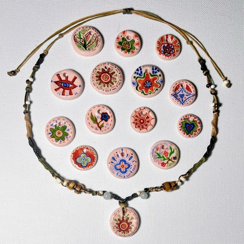 Böhmischer Handbemalter Keramik Anhänger Edelstahl Kette 18K Gold Überzogen Böser Blick Herz Blume DIY Schmuck Halskette
