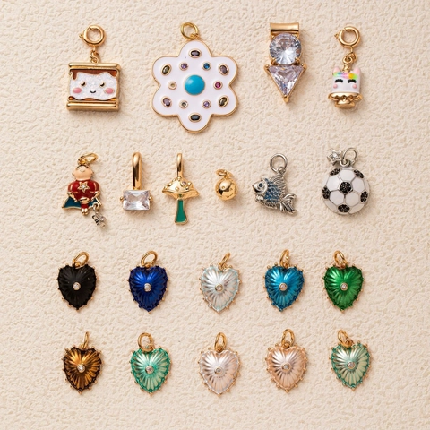 Copper Enameled Rhinestone Heart Mushroom Soccer Pendant Necklace For Women DIY Jewelry Accessories Gold Plated Reto Chain