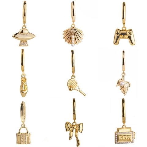 18K Gold Plated Stainless Steel Pendants For DIY Jewelry Making Tennis Racket Shell Slot Machine Bow Pendants No Chain