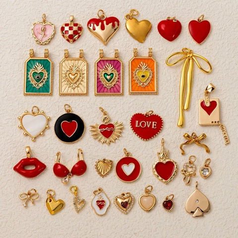 Vintage Copper Gold Plated Enamel Heart Sacred Heart Pendant For Women Retro Bow Lips Zirconia Charm Necklace Jewelry