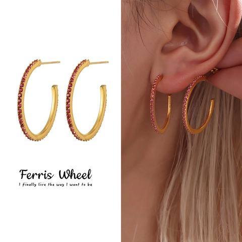 Elegant Stainless Steel Hoop Earrings With Colorful Zirconia Inlaid French Style Luxury Fashion Jewelry For Women Daily Accessary