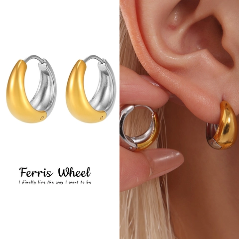 Stainless Steel Mixed Metal Chunky Hoop Earrings For Women Minimalist Gold Silver Plated Waterdrop Huggie Hoop Earrings