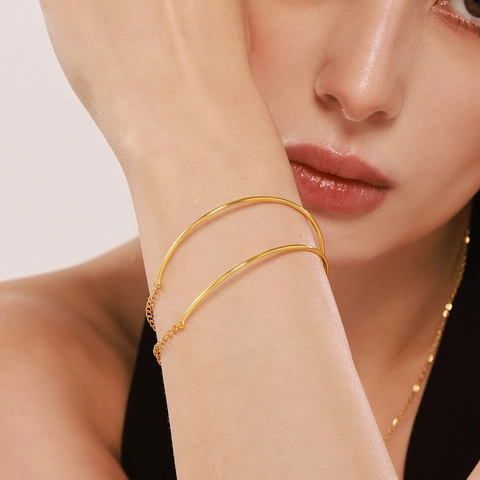 Minimalistisches Edelstahl Armband Doppelring PVD Vergoldet Verstellbare Kette Mode Eleganter Schmuck Für Damen