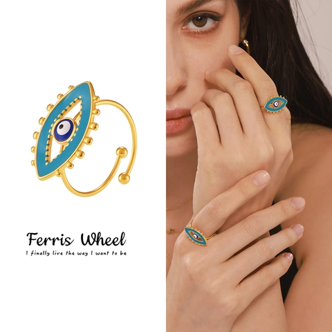 Anello Regolabile Aperto in Acciaio Inossidabile Occhio del Diavolo per Donna Placcato Oro Argento Smalto Nazar Gioielli