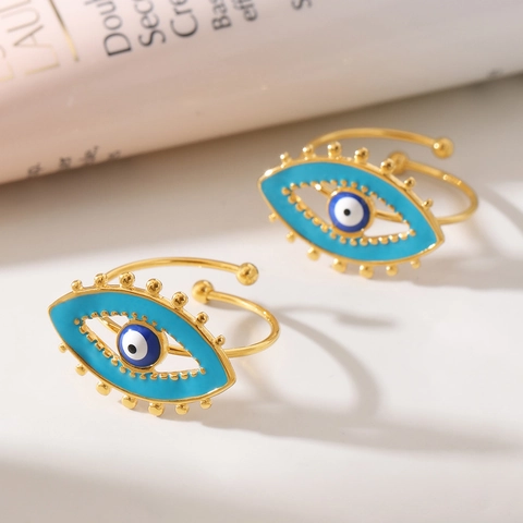 Anello Regolabile Aperto in Acciaio Inossidabile Occhio del Diavolo per Donna Placcato Oro Argento Smalto Nazar Gioielli