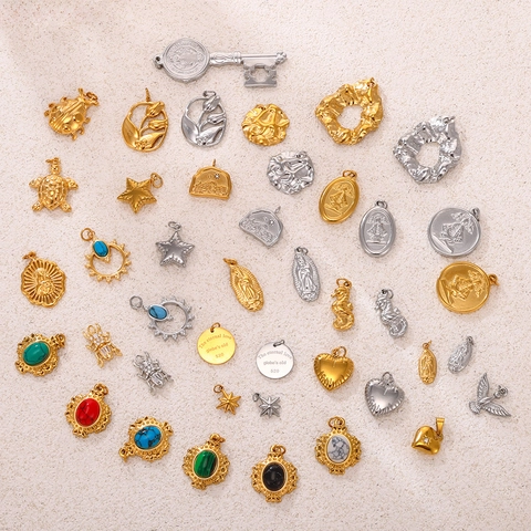 Vintage Stainless Steel Pendant For Jewelry Making Gold Steel Plated Zirconia Turquoise Heart Star Religious DIY Charms
