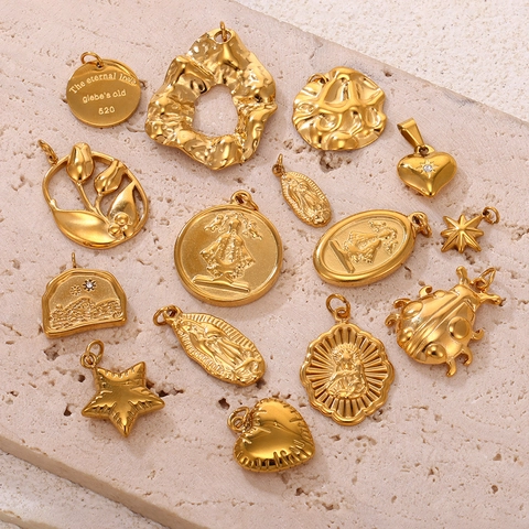 Vintage Stainless Steel Pendant For Jewelry Making Gold Steel Plated Zirconia Turquoise Heart Star Religious DIY Charms