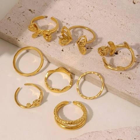 Vintage Stainless Steel Ring For Women 18K Gold Plated Butterfly Rose Geometric Irregular Open Ring Fashion Jewelry Gift