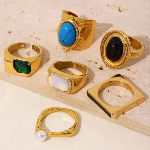Vintage Stainless Steel Rings For Women Zircon Agate Turquoise Inlaid Gold Steel Color Bohemian Finger Ring Jewelry