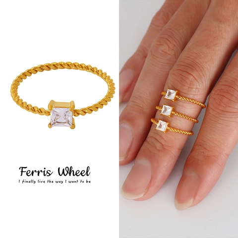 Minimalist PVD Gold Plated Stainless Steel Square Zircon Ring Twist Rope Fashion Finger Ring For Women Jewelry Gift