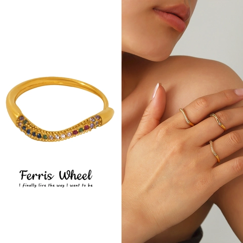 Minimalistische Roestvrijstalen Golfring Voor Dames Heren PVD Verguld Regenboog Zirkoon Ingelegd Niche Stijl Trendy Sieraden