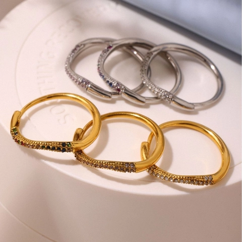 Minimalistische Roestvrijstalen Golfring Voor Dames Heren PVD Verguld Regenboog Zirkoon Ingelegd Niche Stijl Trendy Sieraden