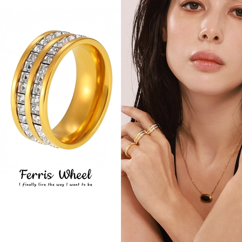 Luxury Stainless Steel Zirconia Double Row Eternity Ring For Women Gold Rose Gold Silver Sparkly Band Fashion Jewelry Gift