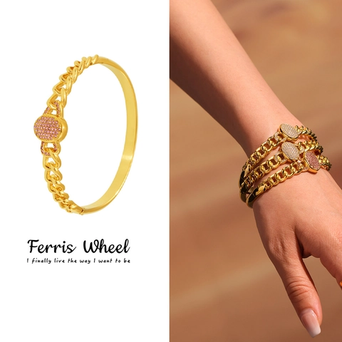 Brazalete de Cadena de Eslabones Cubanos de Acero Inoxidable de Moda Bañado en Oro de Dieciocho Quilates con Zircón para Mujer