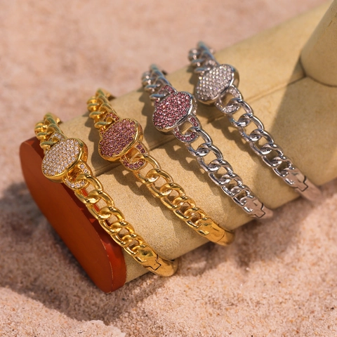 Brazalete de Cadena de Eslabones Cubanos de Acero Inoxidable de Moda Bañado en Oro de Dieciocho Quilates con Zircón para Mujer