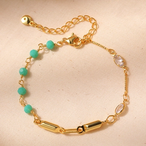 Pulsera de Cobre Bañada en Oro de 18K Con Cuentas Verdes Y Circonita Clara Diseño de Empalme Piedra Bruta Joyería Ajustable