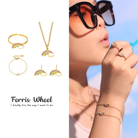Stainless Steel Rainbow Cloud Jewelry Set For Kids Girls Gold Plated Enamel Necklace Bracelet Earrings Ring Fashion Jewelry