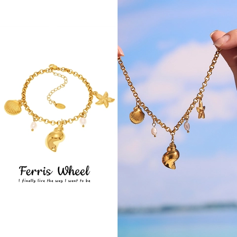 Bracciale in Acciaio Inossidabile Tema Oceano Conchiglia Stella Marina per Donna Oro Perla d'Acqua Dolce Gioielli da Spiaggia