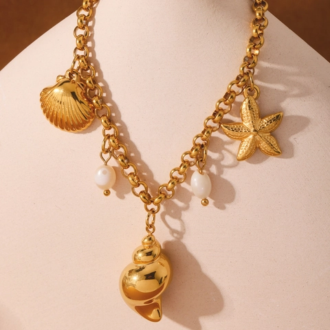 Bracciale in Acciaio Inossidabile Tema Oceano Conchiglia Stella Marina per Donna Oro Perla d'Acqua Dolce Gioielli da Spiaggia