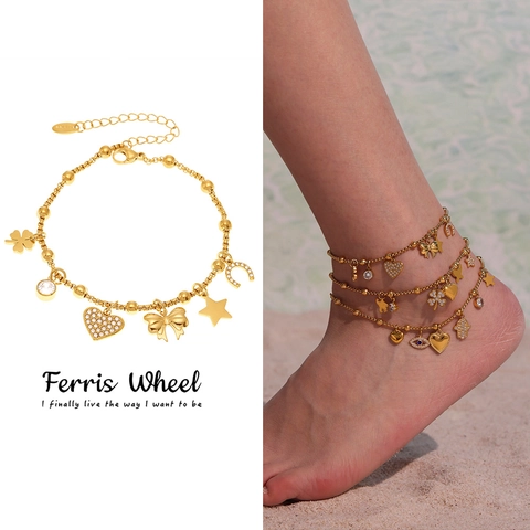 Edelstahl Vergoldet Armband Für Damen Herz Schleife Stern Kleeblatt Zirkonia Anhänger Fußkettchen Mode Schmuck