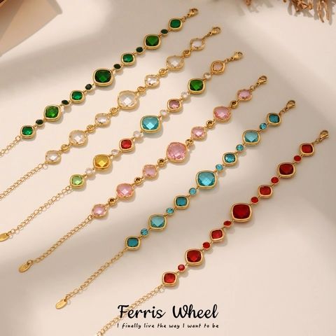 Elegant Stainless Steel Bracelet Colorful Czech Glass Square Cut Gemstone Rhinestone Chain Link Jewelry For Women Gift