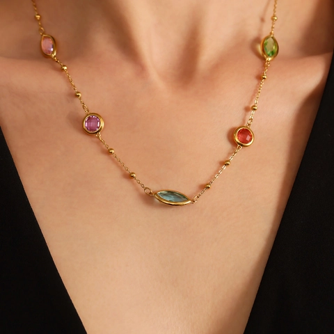 Vintage Gold Plated Stainless Steel Colorful Marquise Round Glass Stone Necklace Bohemia Light Luxury Jewelry For Women