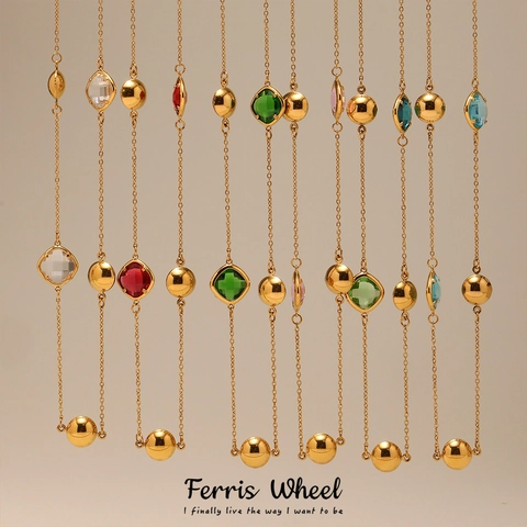 Stainless Steel Gold Plated Long Necklace With Colored Czech Glass Rhinestone Geometric Sugar Cube Pendant For Women