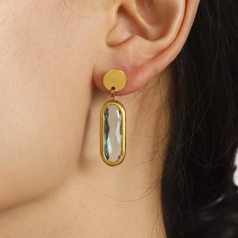 Elegant Stainless Steel Rectangle Glass Stone Dangle Earrings Gold Plated Geometric Oval Drop Earrings For Women Fashion Jewelry