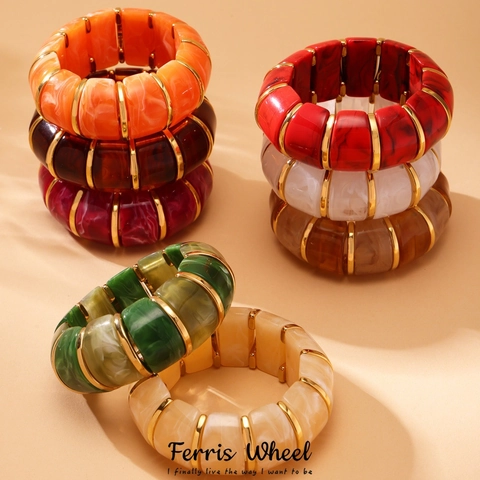 Vintage Stainless Steel Resin Elastic Bangle For Women Gold Plated Marble Pattern Wide Colorful Stretch Bracelet Jewelry Gift