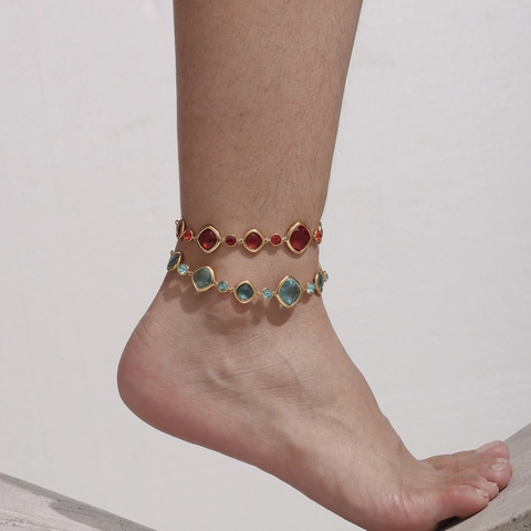 18K Gold Plated Stainless Steel Czech Glass Anklet With Zircon Colorful Faceted Stone Geometric Foot Chain Jewelry For Women